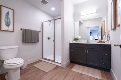 a bathroom with a toilet sink and a shower at Sonder Fields in Happy Valley, OR