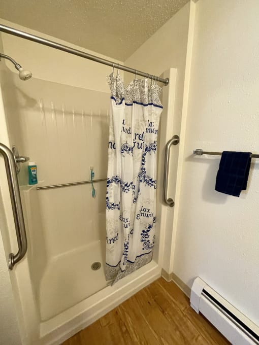 a bathroom with a shower curtain and a towel