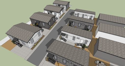 3d rendering of a group of houses with gray roofs