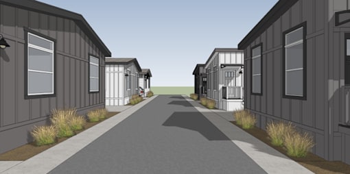 a rendering of a row of townhomes in a street