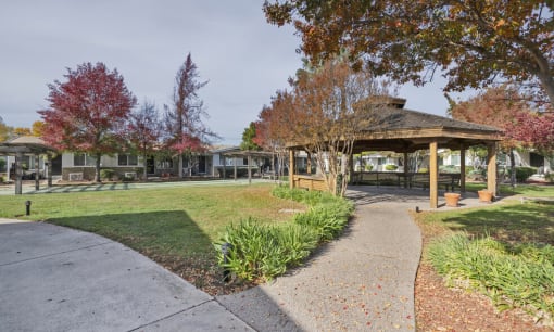 a park with a gazebo and a sidewalk