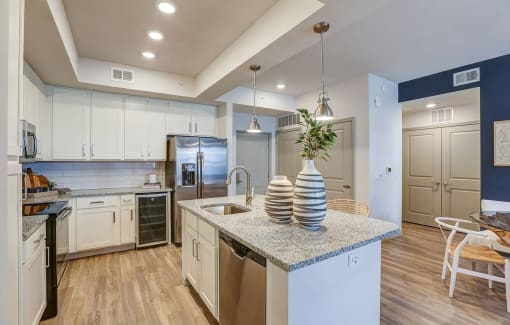 Kitchen with island and pendant lighting
