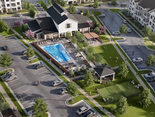 an aerial view of the resort style community with a large pool in the middle of a parking  at Madison Prickett Preserve, Pennsylvania
