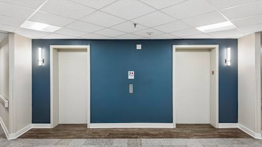 A room with two doors and a white ceiling.