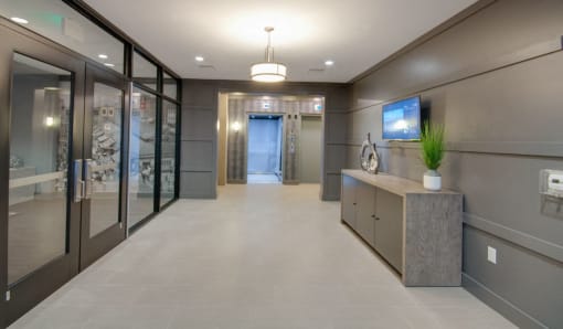 Secure apartment lobby entrance with mailboxes