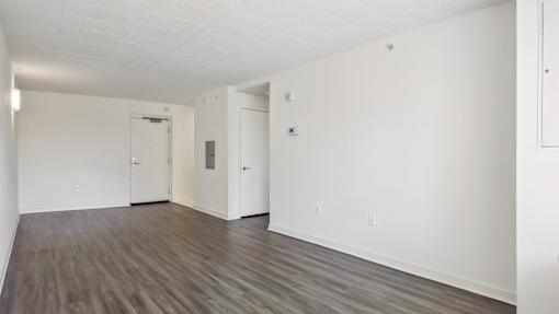 A room with white walls and wooden flooring with two doors.