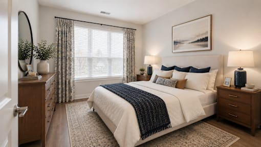 A bedroom with a large bed, a nightstand, and a painting on the wall.
