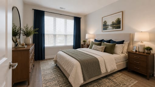 A well-lit bedroom with a large bed and a painting on the wall.