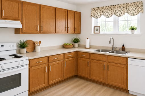 A kitchen with wooden cabinets and a white stove.