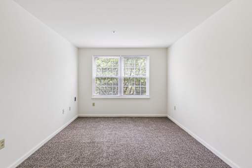 A room with a window and carpeted floor.