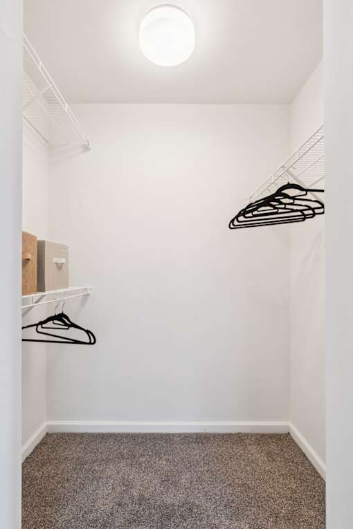 A white closet with a hanger and a light on the ceiling.