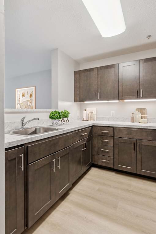 Updated senior apartment kitchen at Park Heights Place in Baltimore, featuring modern appliances, ample counter space, and stylish cabinetry for comfort and convenience.
