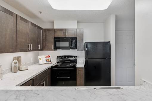 Updated senior apartment kitchen at Park Heights Place in Baltimore, featuring modern appliances, ample counter space, and stylish cabinetry for comfort and convenience.