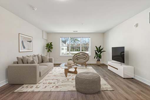 A living room with a beige sofa, a wooden coffee table, a TV, and a rug.