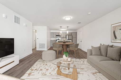 A modern living room with a grey couch, a coffee table, and a television.