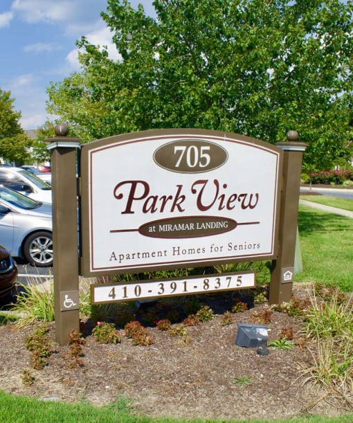 Community sign for Park View at Miramar Landing apartment homes for seniors.