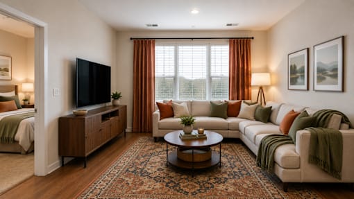 A living room with a large couch, a coffee table, and a television.