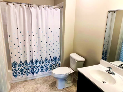 Bright bath with tub shower combo and upgraded finishes at Metro Heights in Baltimore.