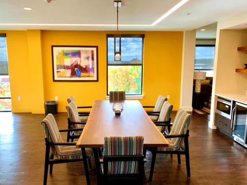 Pet-friendly and smoke-free, Metro Heights community amenities include a fitness center, business center, media room, playground, bike storage, and underground parking—perfect for urban, connected living near downtown Baltimore.