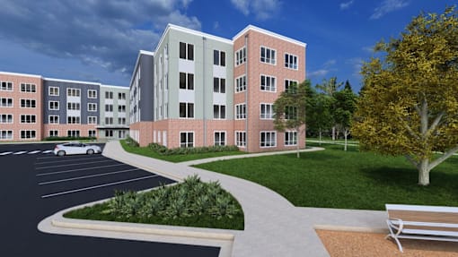 A rendering of a modern apartment complex with a parking lot in front.