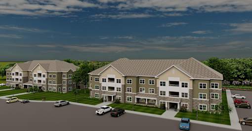 A rendering of a large apartment complex with a parking lot in front.