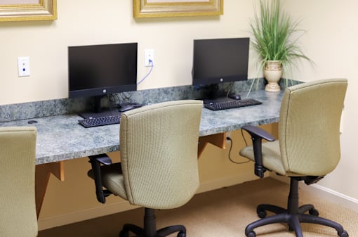 Two computer monitors on a desk with chairs and a plant.