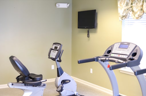 A gym with a treadmill and a stationary bike.