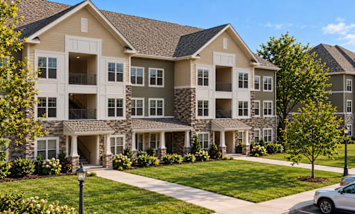 A large, well-maintained apartment complex with multiple balconies and landscaped grounds.