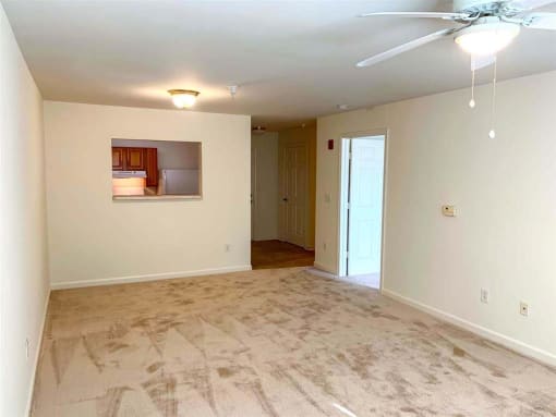 Spacious living room inside a 2-bedroom apartment at Park View at South Pantops, featuring wall-to-wall carpet, large windows with natural light, and individually controlled heating and air conditioning.