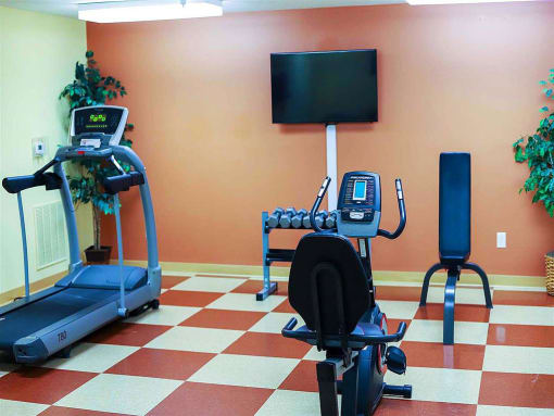 Community fitness center at Park View at South Pantops, equipped with senior-friendly exercise machines to support resident wellness, mobility, and active living in a welcoming environment.