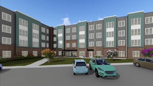 A rendering of a street with cars and apartment buildings.