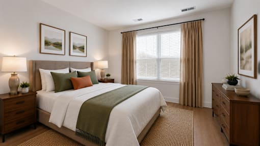 A bedroom with a large bed, two nightstands, and a window with curtains.