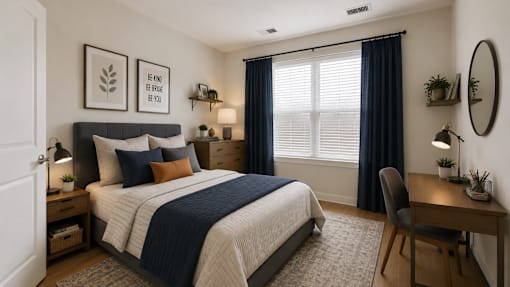 A bedroom with a bed, desk, and chair.