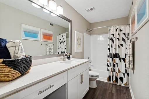 Master bathroom with quartz countertops at The Hartley at Sweetwater Creek, Duluth, GA, 30096