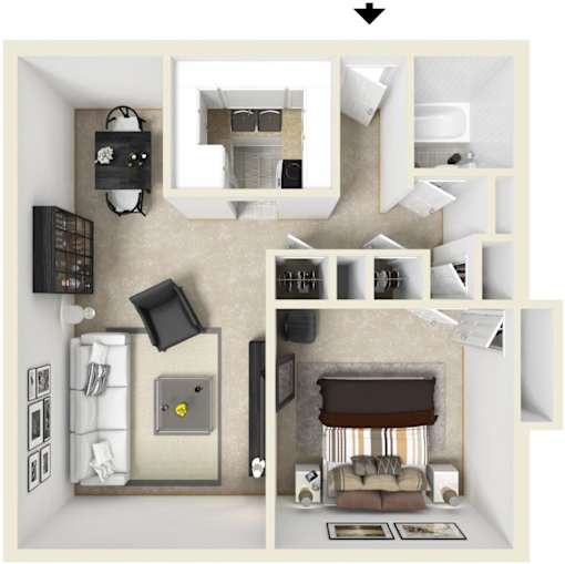 A collage of images showing a bathroom, kitchen, and living room layout.