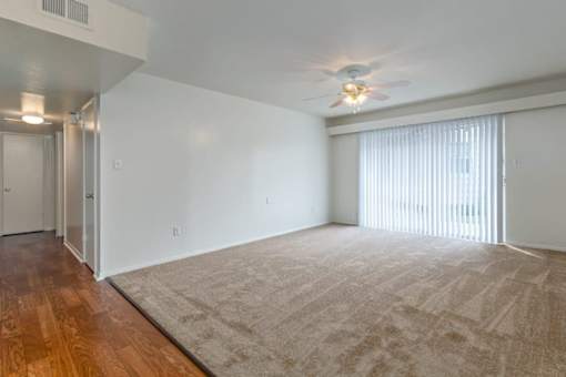A room with a carpeted floor and a ceiling fan.