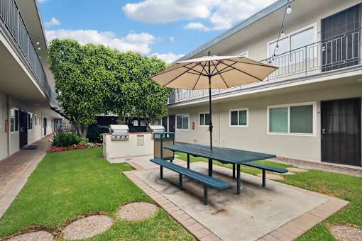 A patio with a table and chairs under an umbrella.