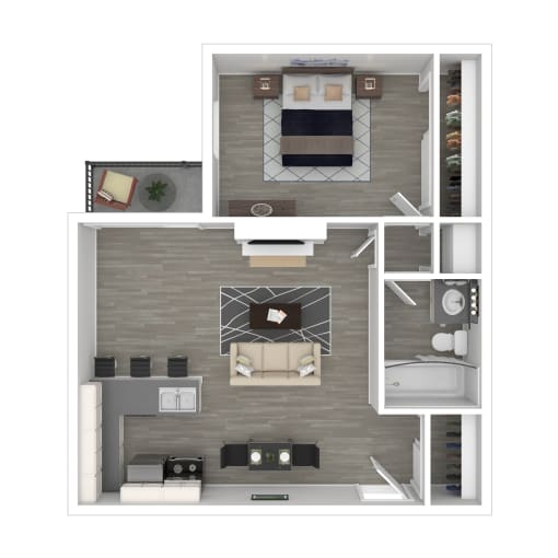 a 3d drawing of the 1 bedroom floor plan of a 2100 sq ft apartment