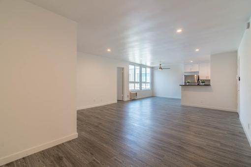 Dining area with kitchen and large window view