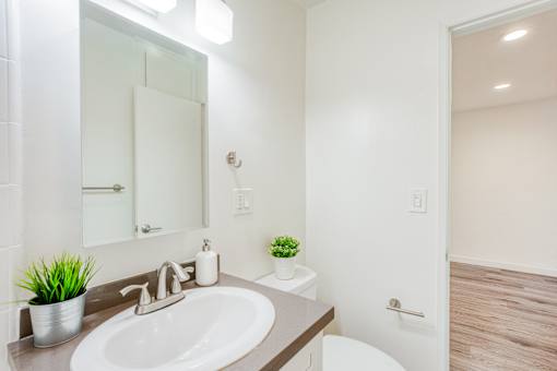 A bathroom with a white sink and a mirror above it.