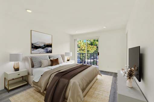 A bedroom with a large bed and a painting on the wall.
