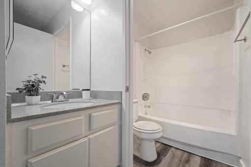a bathroom with a sink and a toilet and a shower at Monterra Ridge Apartments, Canyon Country, CA