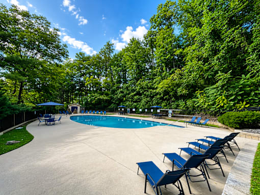 A pool surrounded by trees and chairs.