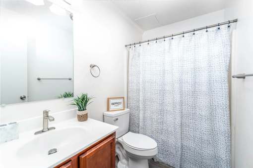 A bathroom with a white sink, toilet, and shower curtain.