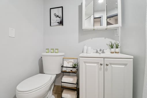 A white toilet sits next to a white cabinet with a mirror above it.