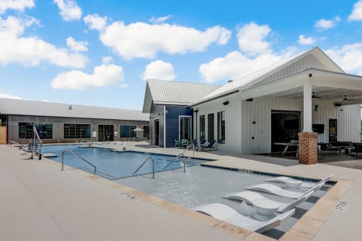 a large swimming pool in front of a building in Asheville NC