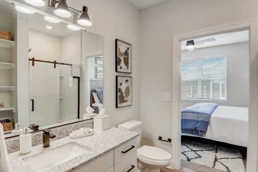 bathroom with granite countertop in Asheville NC