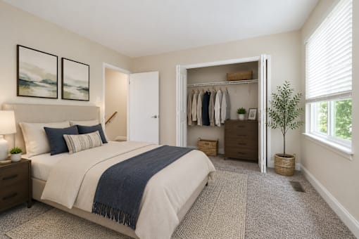 A bedroom with a large bed and a wardrobe.