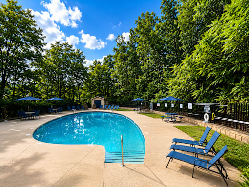 A swimming pool surrounded by trees and chairs.