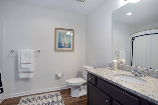 A bathroom with a toilet, sink, and a picture on the wall.